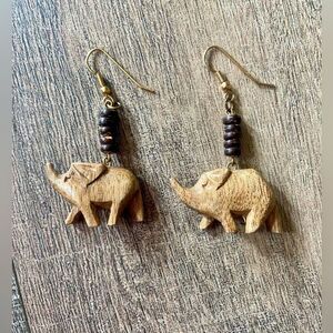 Women’s tan, brown, golden wooden elephant and bead earrings